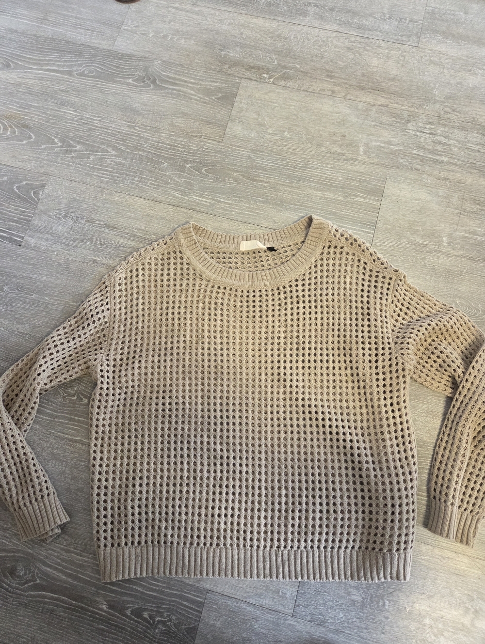 Tan Open-Knit Crewneck Sweater, Size M, EUC,
